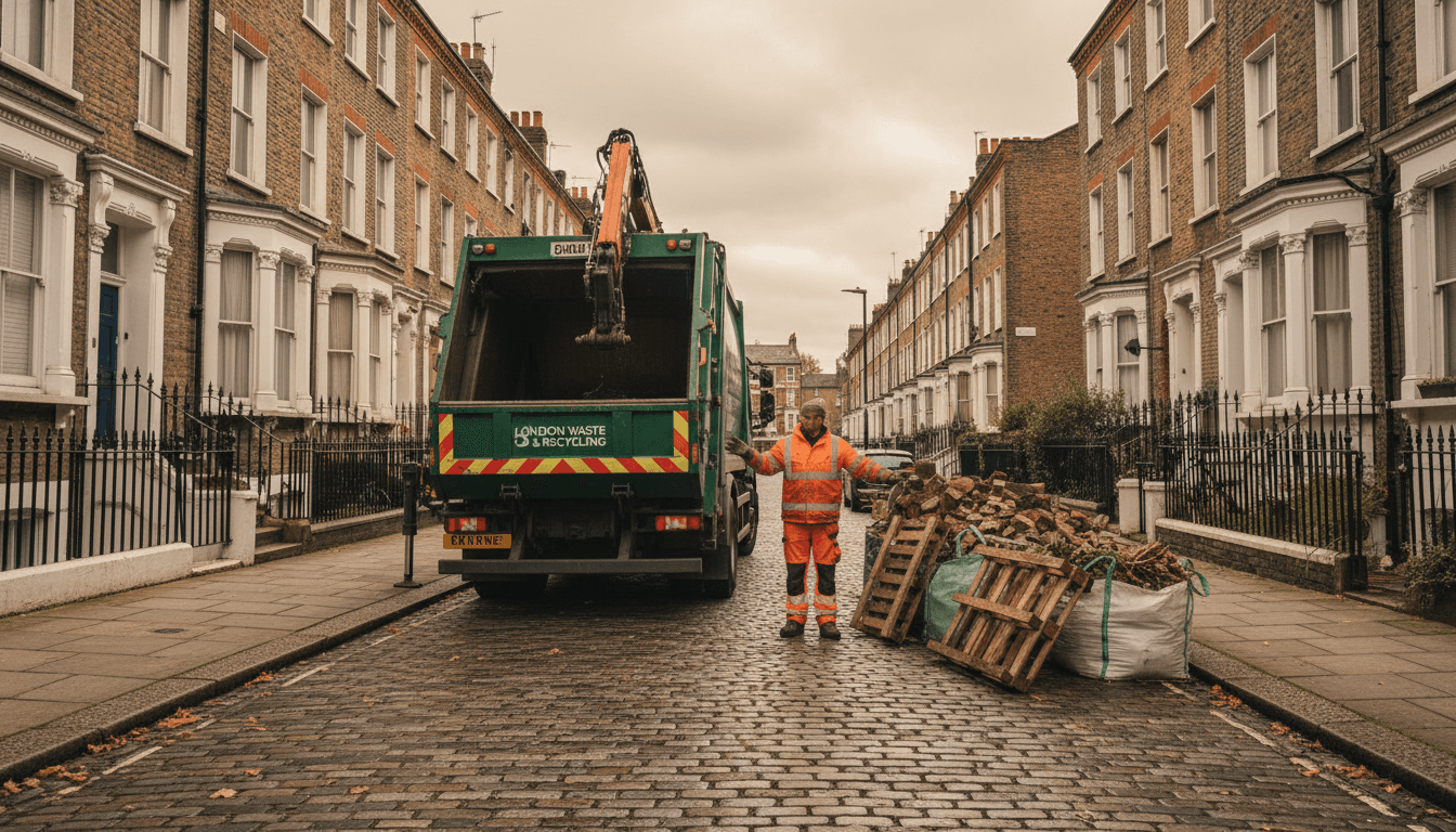 One Stop 25 waste collection truck and worker on a London street