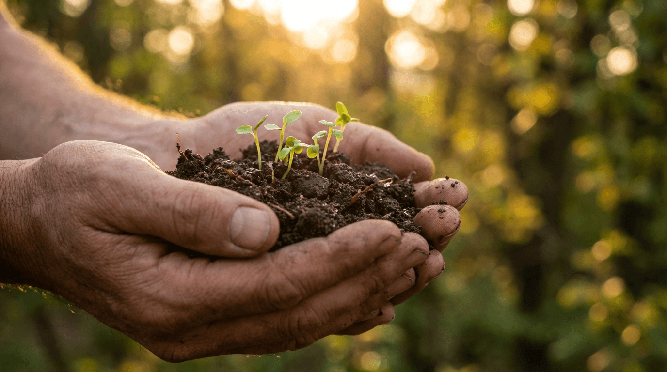 Hands holding fresh soil with green seedlings, representing garden care and property maintenance