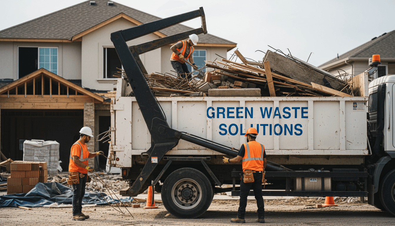 Building waste collection truck hauling debris from London property