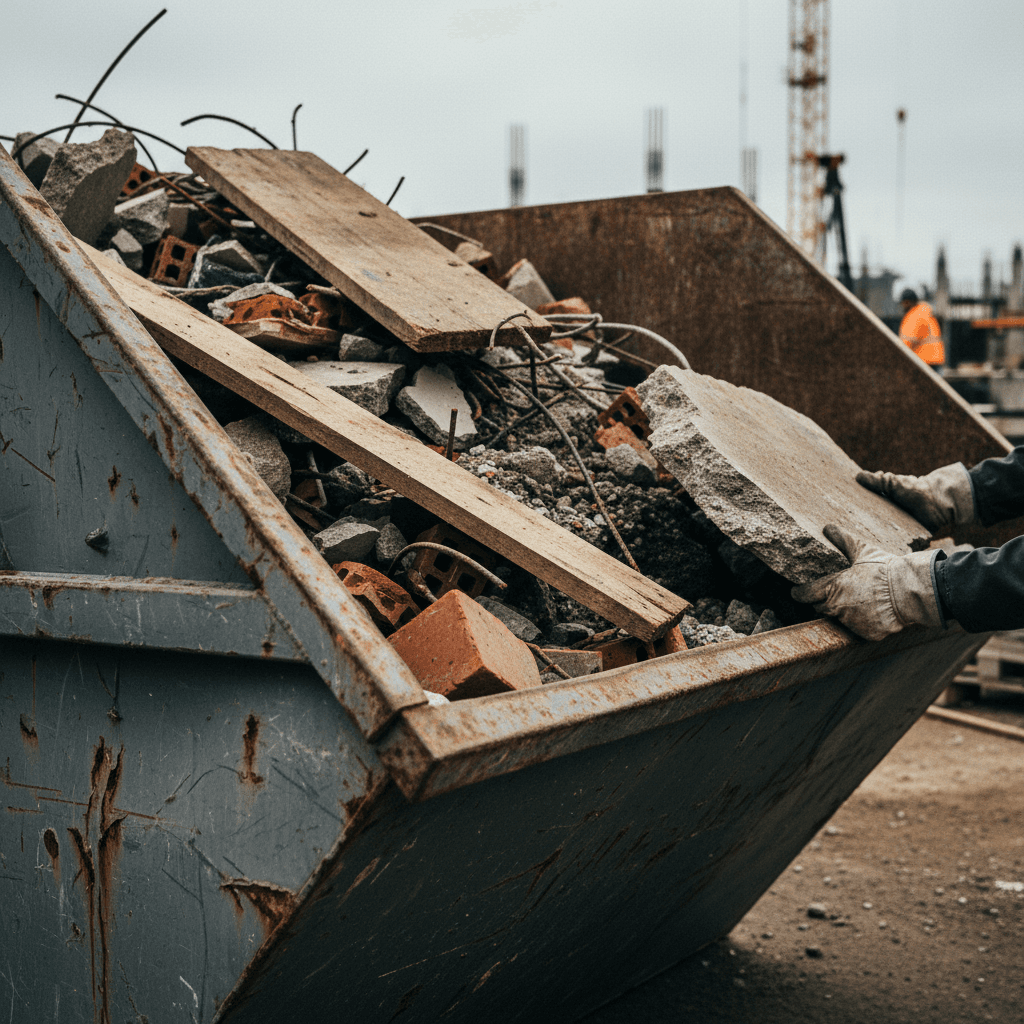 Building waste collection container being emptied in London